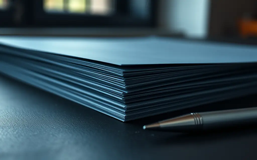Tranche d'une pile épaisse de feuilles posée sur un bureau sombre, à côté d'un stylo