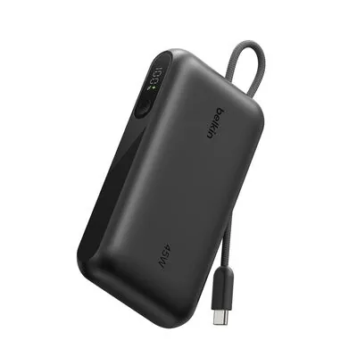 Belkin Batterie externe 10 000 mAh, PD 45 W, écran numérique, câble USB-C intégré, 1 port USB-C et 1 port USB-A, Noir (BPB029hqBK)