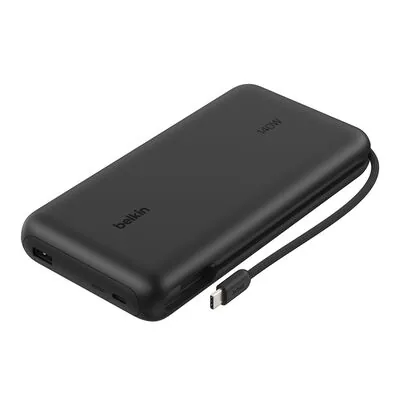 Belkin Batterie externe Pro pour ordinateur portable 25 000 mAh, PD 140 W, écran numérique, câble USB-C intégré, 1 port USB-C et 1 port USB-A, Noir (BPB039hqBK)