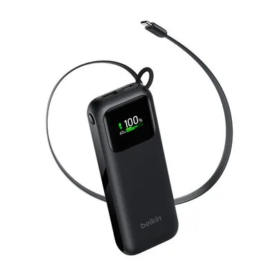 Belkin Batterie externe 11 000 mAh, PD 60 W, écran intelligent, câble USB-C rétractable, 1 port USB-C et 1 port USB-A, Noir (BPB041hqBK)