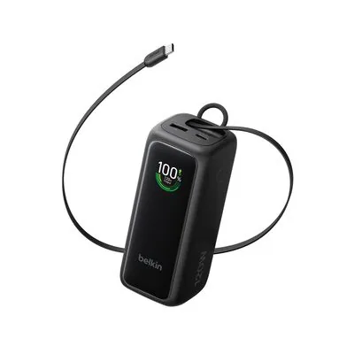 Belkin Batterie externe 22 000 mAh, PD 120 W, écran intelligent, câble USB-C rétractable, 1 port USB-C et 1 port USB-A, Noir (BPB042hqBK)