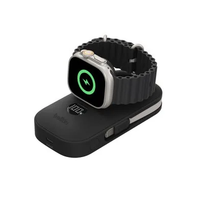 Belkin Batterie externe Pro 10 000 mAh avec chargeur Apple Watch, PD 45 W, écran numérique et câble USB-C intégré, Noir (BPD012hqBK)
