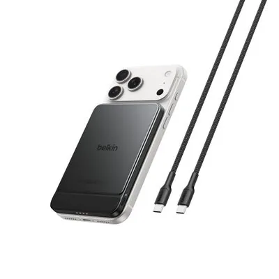 Belkin Batterie externe BoostSolid magnétique 5 000 mAh, Qi2 15 W, PD 20 W, écran numérique, finition Noir métallisé (BPD024hqBK)