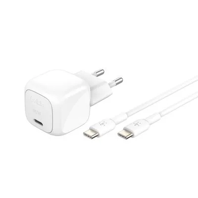 Belkin Chargeur secteur USB-C PD 30 W avec PPS, blanc, avec câble USB-C vers USB-C de 1 m (WCA008kq1MWH-B6)