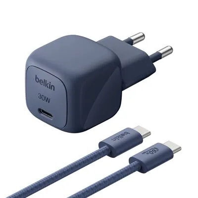 Belkin Chargeur secteur USB-C PD 30 W avec PPS, bleu indigo, avec câble USB-C vers USB-C de 2 m (WCA008kq2MBL-B6)