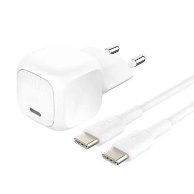 Belkin Chargeur secteur USB-C PD 20 W avec PPS, blanc, avec câble USB-C vers USB-C de 1 m (WCA009kq1MWH-B6)