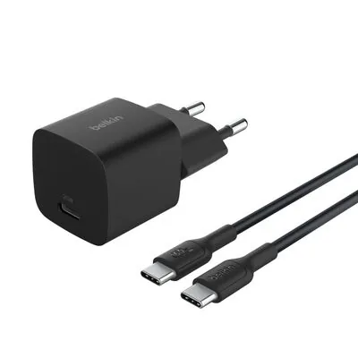 Belkin Chargeur secteur USB-C PD 25 W avec PPS, noir, avec câble USB-C vers USB-C de 1 m (WCA012kq1MBK-B6)