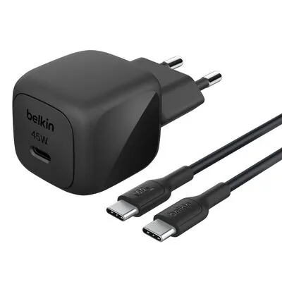 Belkin Chargeur secteur USB-C PD 45 W avec PPS, noir, avec câble USB-C vers USB-C PVC 3 A de 1 m (WCA013kq1MBK-B6)