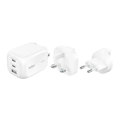 Belkin Chargeur secteur 100 W avec 2 ports USB-C et 1 port USB-A, embouts interchangeables Royaume-Uni, EU et États-Unis (WCH016hqWH)