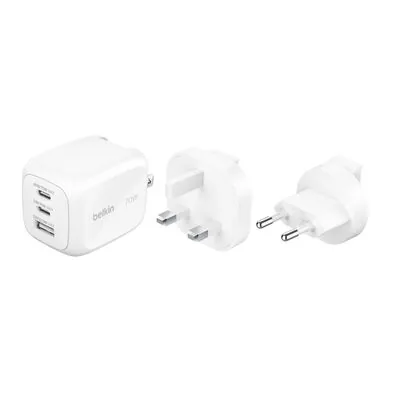 Belkin Chargeur secteur 70 W avec 2 ports USB-C et 1 port USB-A, embouts interchangeables Royaume-Uni, EU et États-Unis (WCH018hqWH)