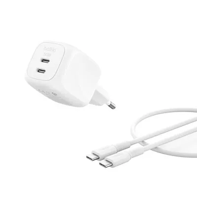 Belkin Chargeur secteur double USB-C PD 50 W avec PPS, blanc, avec câble USB-C vers USB-C de 1 m (WCH019kq1MWH-B6)