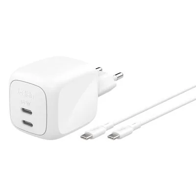 Belkin Chargeur secteur double USB-C PD 67 W avec PPS, blanc, avec câble USB-C vers USB-C de 2 m (WCH020kq2MWH-B6)