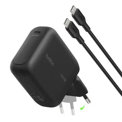 Belkin Chargeur secteur GaN USB-C 100 W, avec câble USB-C vers USB-C 5 A de 1,5 m, noir (prise EU pliable) (WCH025kq1.5BKB6)