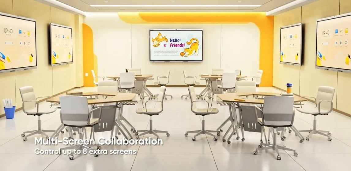 Salle de classe équipée de plusieurs écrans interactifs reliés entre eux