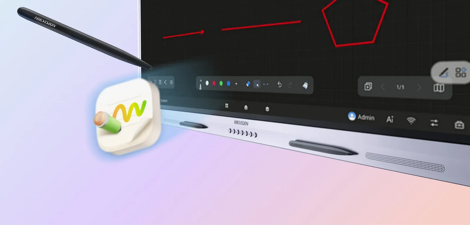 Gros plan sur le stylet et la barre d’outils du tableau blanc