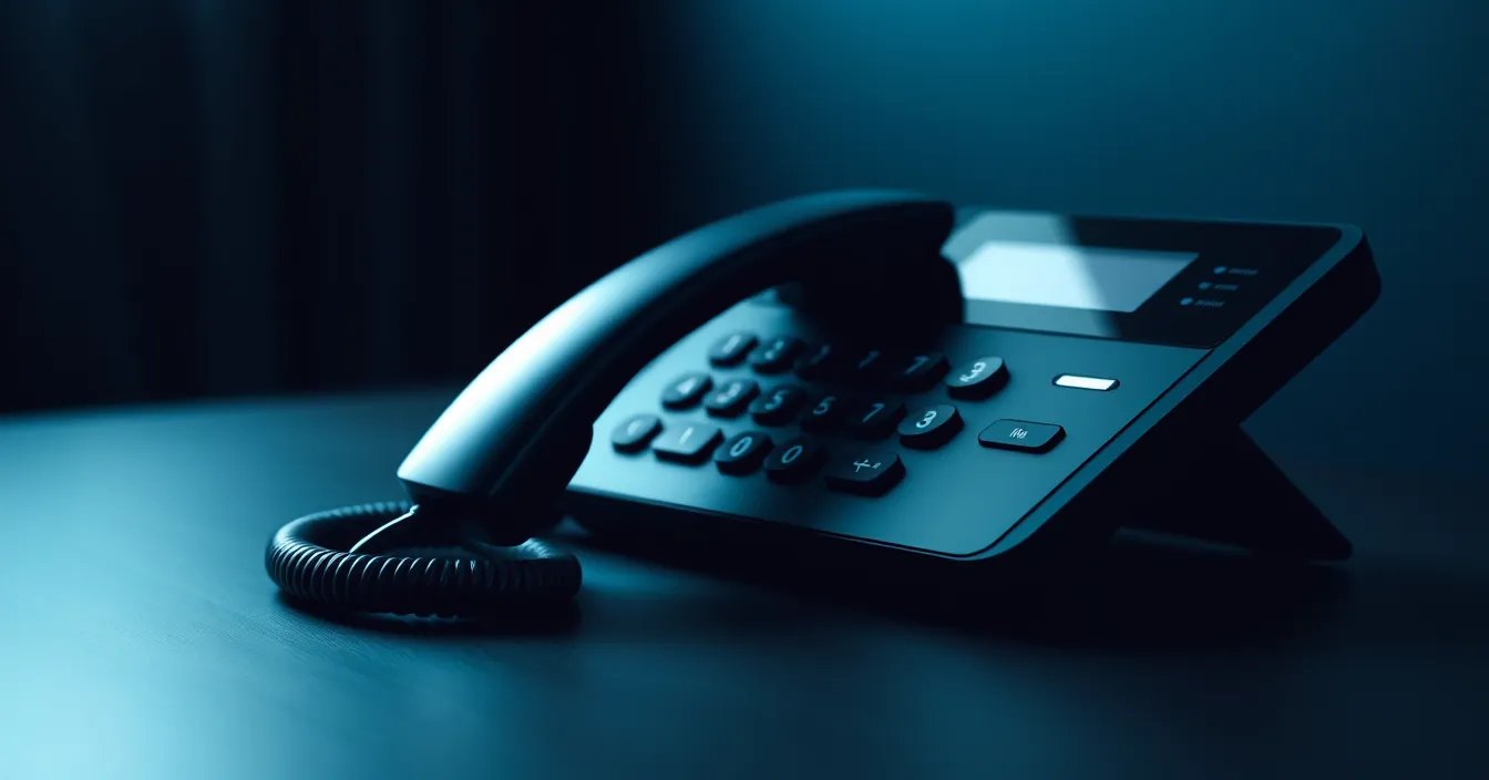Combiné téléphonique professionnel noir mat posé sur un bureau sombre, une arête soulignée par une lumière froide.