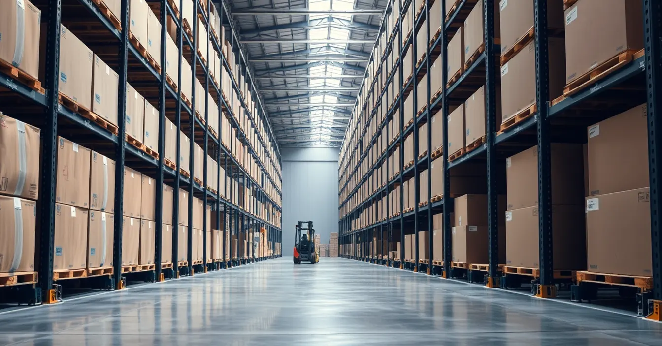 Allée d'entrepôt logistique : rayonnages métalliques chargés de cartons sur palettes, en perspective sous une verrière.