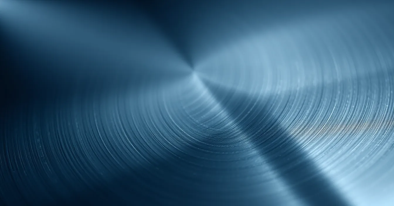 Vue macro d'une surface d'acier usinée avec précision, sillons concentriques révélés par une lumière rasante.
