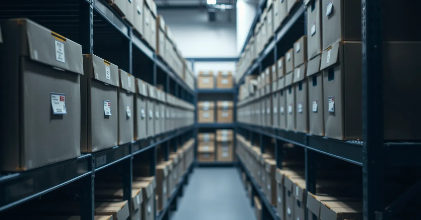 Longue allée d'archives : boîtes de rangement alignées sur des rayonnages métalliques, éclairées d'une lumière froide.