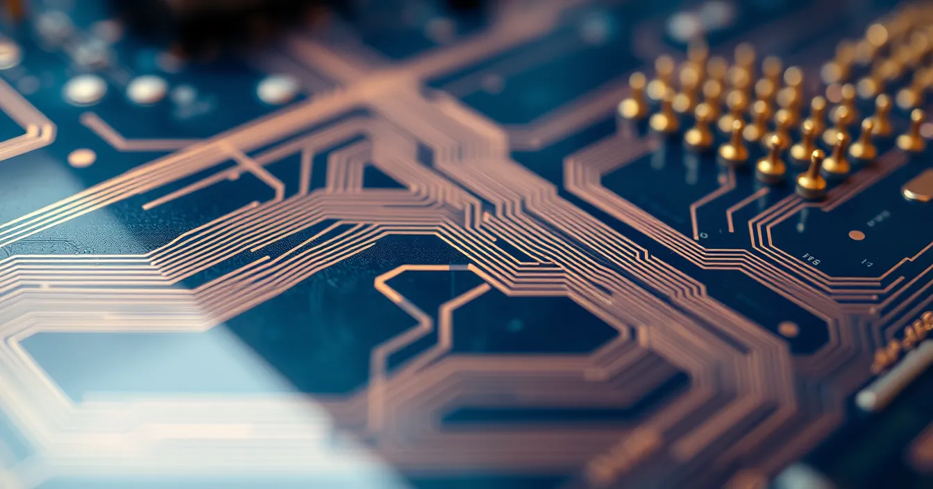 Vue macro d'une carte électronique : pistes de cuivre et contacts dorés, sous une lumière froide.