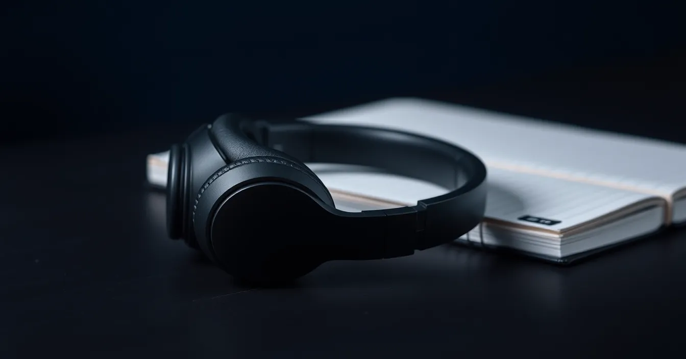 Casque professionnel posé sur un bureau sombre, à côté d'un carnet fermé.